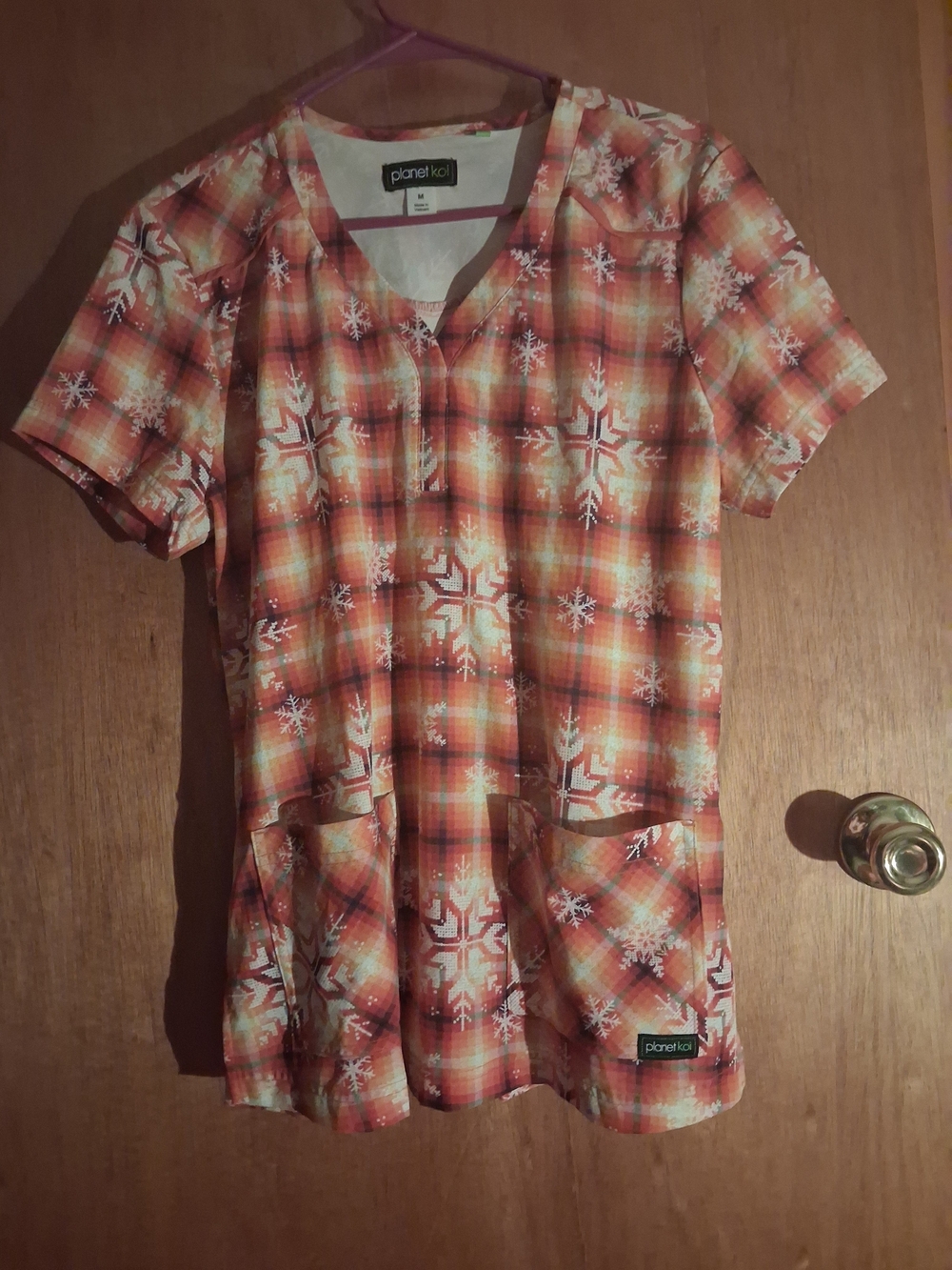 koi Orange Plaid Snowflake Print Scrub Top